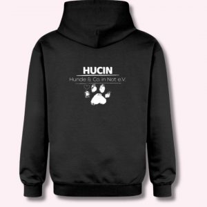 Kuscheliger Tierschutz Hoodie Bio schwarz HUCIN Logo