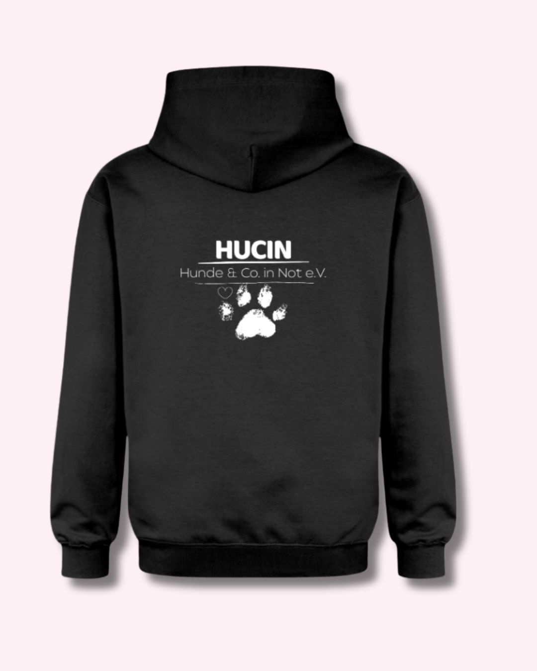 HUCIN Logo Pfote in weiß auf schwarzem Pullover