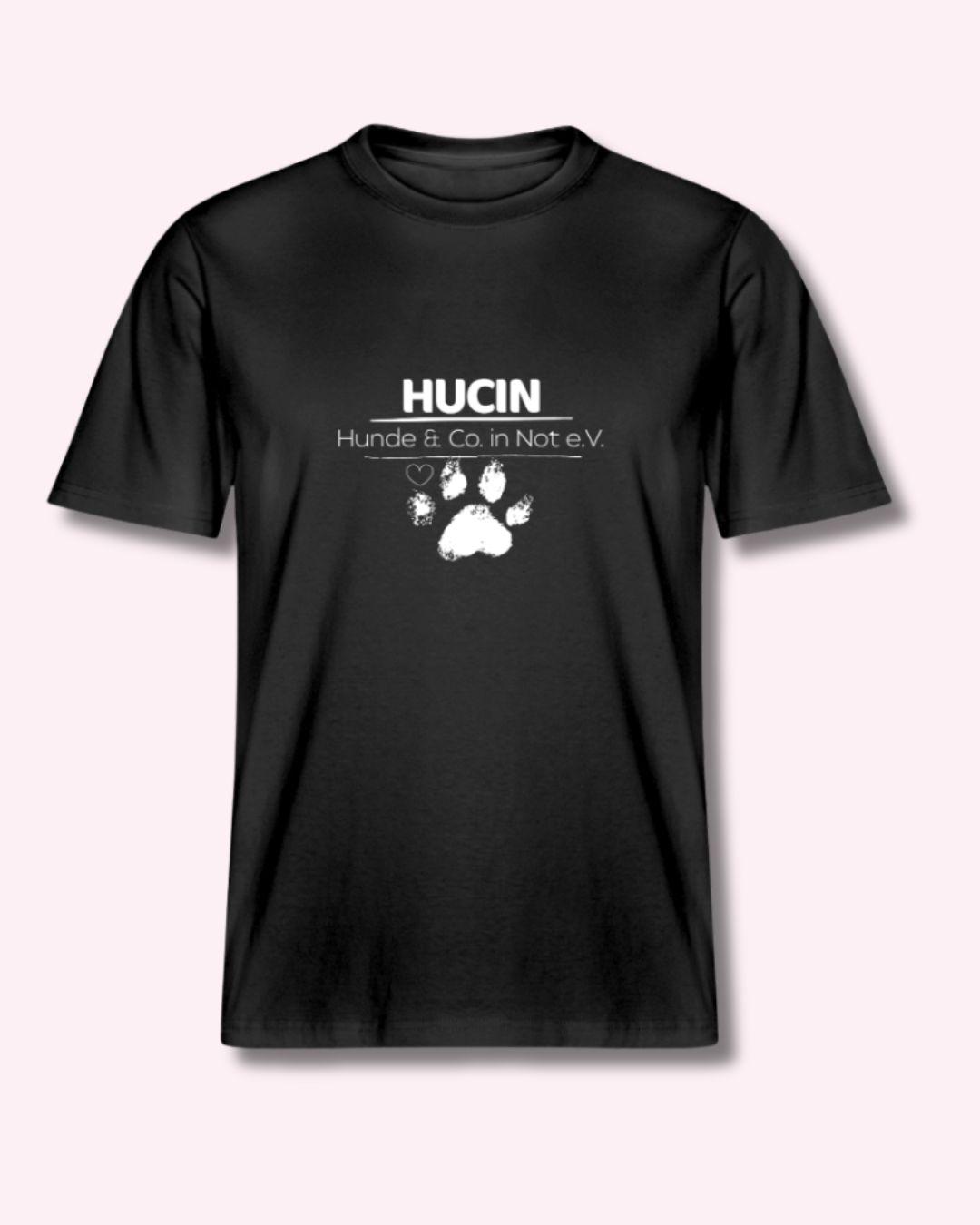 HUCIN Logo Pfote in weiß auf schwarzem T-Shirt