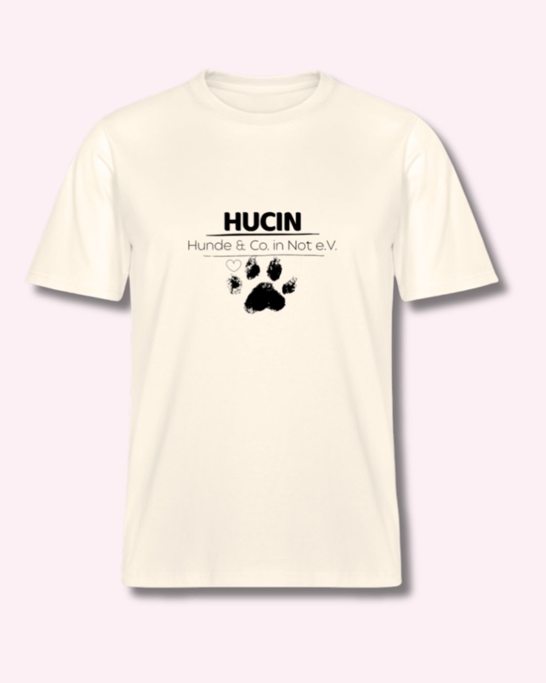 HUCIN Logo Pfote in schwarz auf sandfarbenen T-Shirt